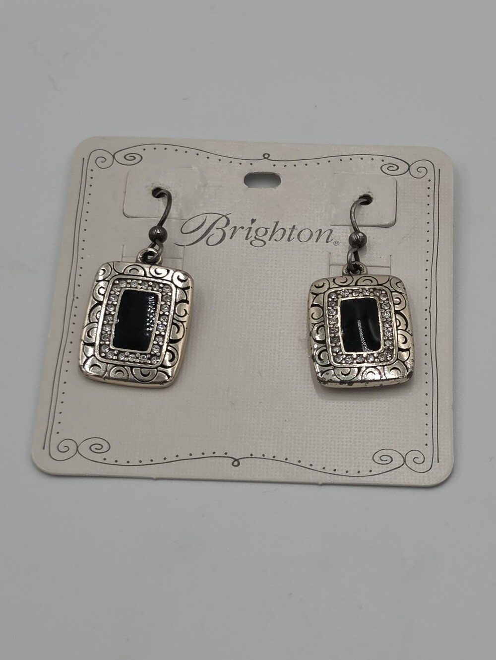 Brighton Vintage Rythms Silver and Black Engraved Rectangle Drop Earrings